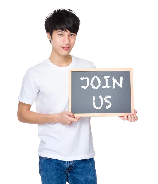 Asian man in white t-shirt with chalkboard — Stock Photo, Image