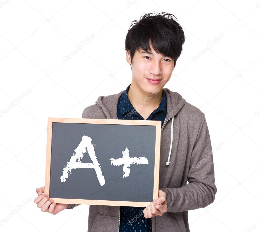 Asian man in grey sweater with blackboard