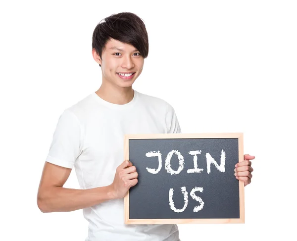 Asian man in white t-shirt with chalkboard — Stock Photo, Image