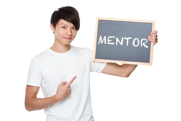 Asian man in white t-shirt with chalkboard — Stock Photo, Image