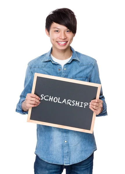 Asian man in jean shirt with chalkboard — Stock Photo, Image