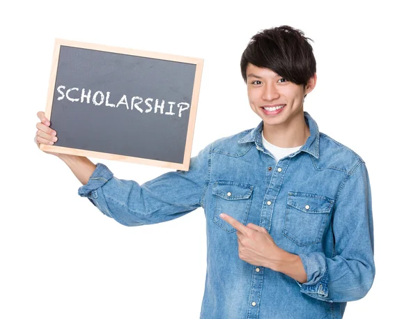 Asian man with finger point to chalkboard — Stock Photo, Image