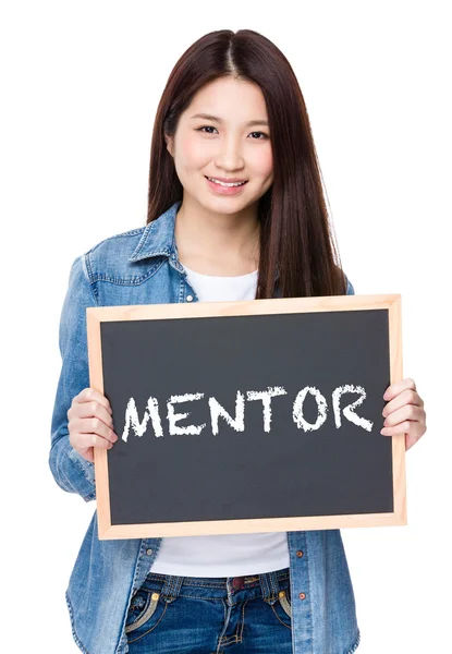 Asian woman in jean shirt with blackboard — Stock Photo, Image