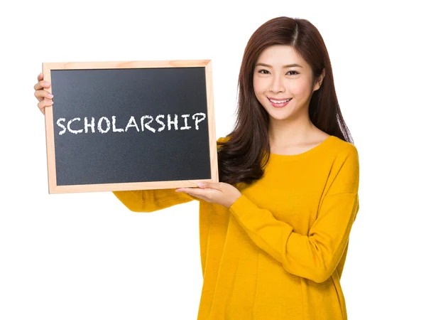 Asian woman in yellow sweater with blackboard — Stock Photo, Image