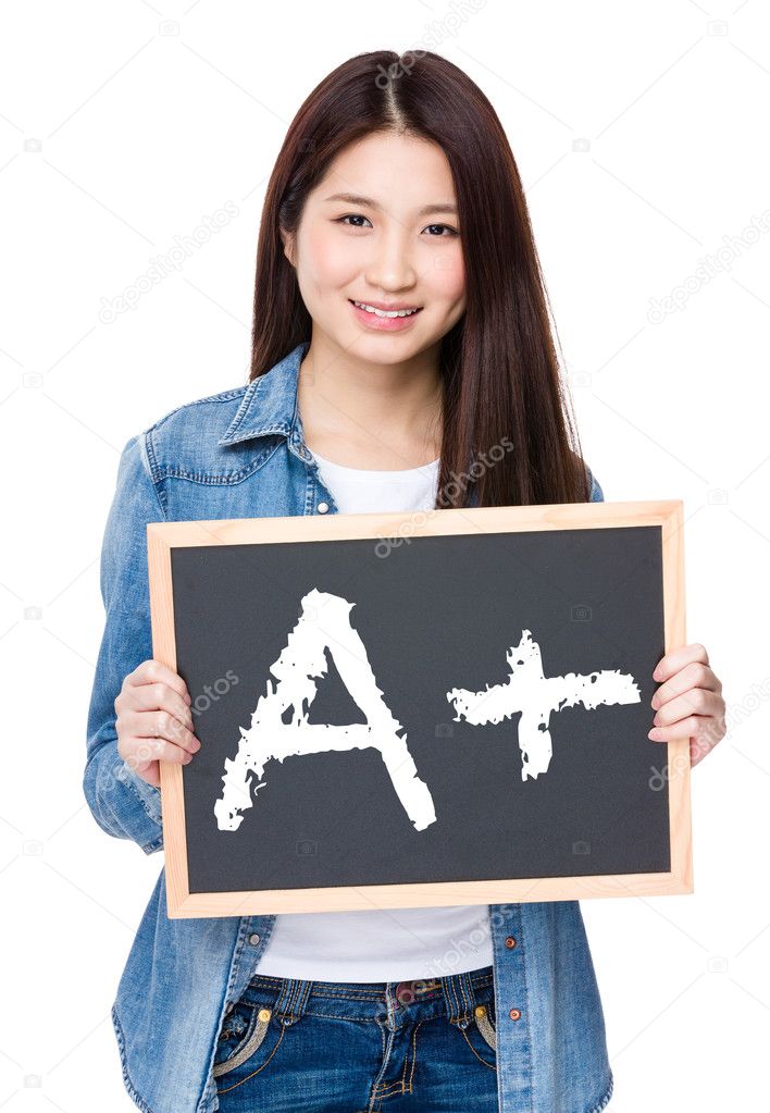 asian woman in jean shirt with blackboard