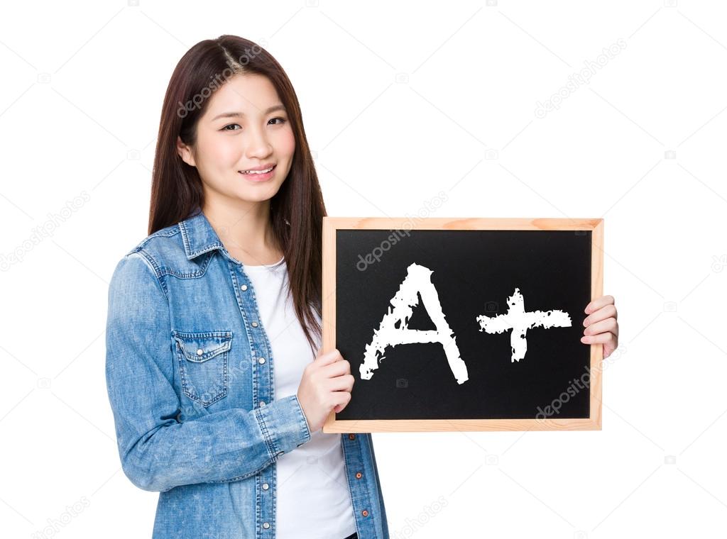 asian woman in jean shirt with blackboard