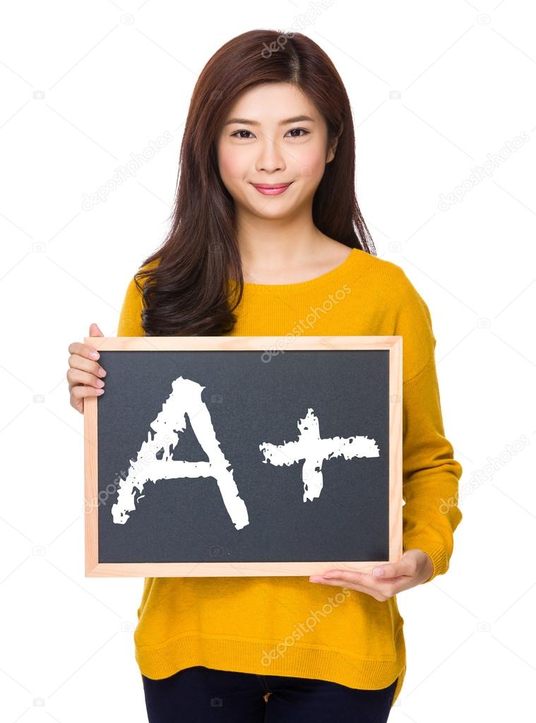 asian woman in yellow sweater with blackboard