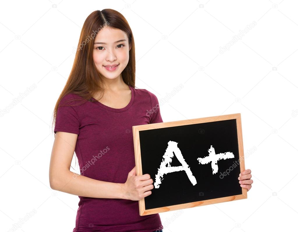 asian female student with chalkboard