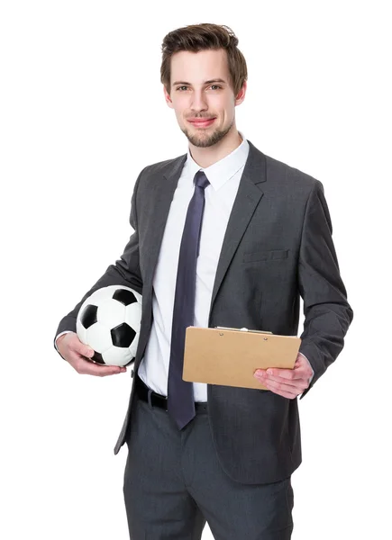 Football trainer with soccer ball — Stock Photo, Image