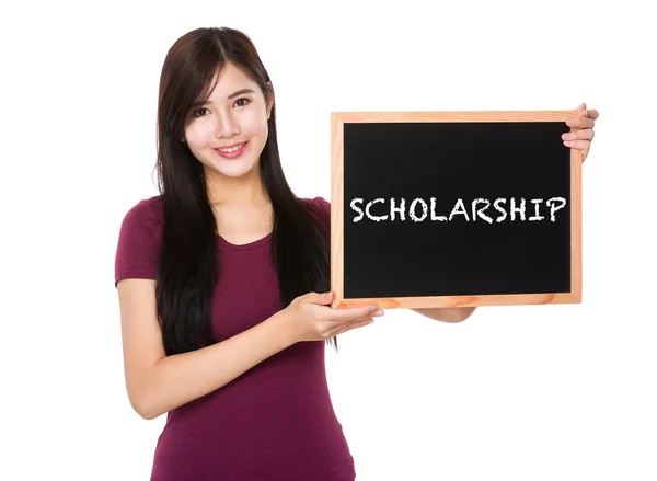 Asian woman in red t-shirt with blackboard — Stock Photo, Image