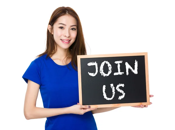 Asian woman in blue t-shirt with blackboard — Stock Photo, Image