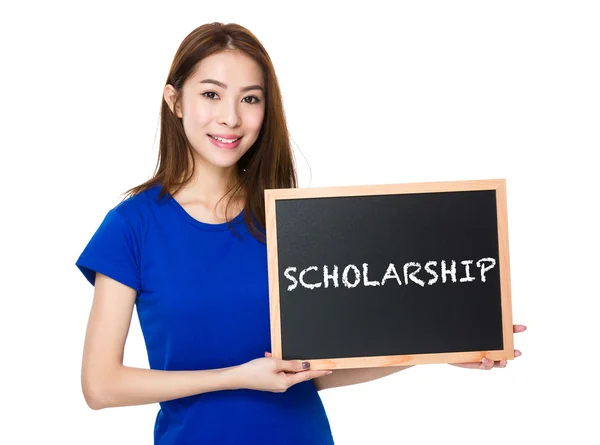 Asian woman in blue t-shirt with blackboard — Stock Photo, Image