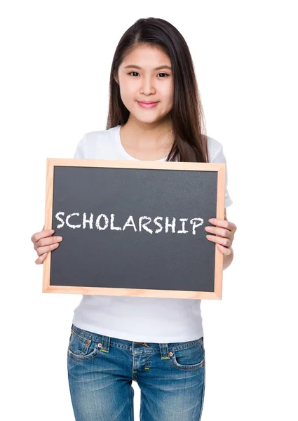 Asian woman in white t-shirt with blackboard — Stock Photo, Image