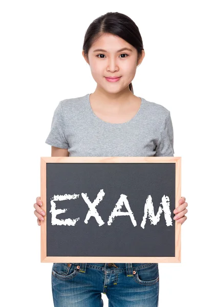 Asian woman in grey t-shirt with blackboard — Stock Photo, Image