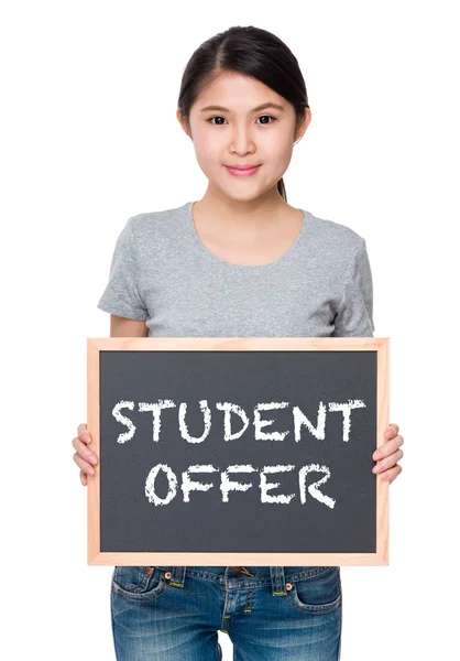 Asian woman in grey t-shirt with blackboard — Stock Photo, Image