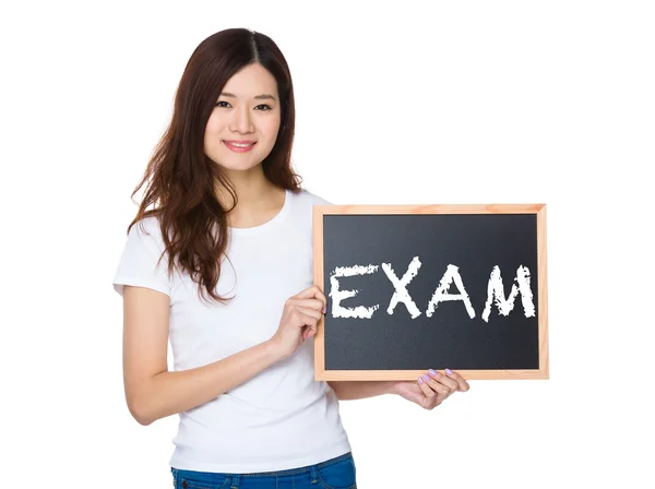 Asian woman in white t-shirt with blackboard — Stock Photo, Image