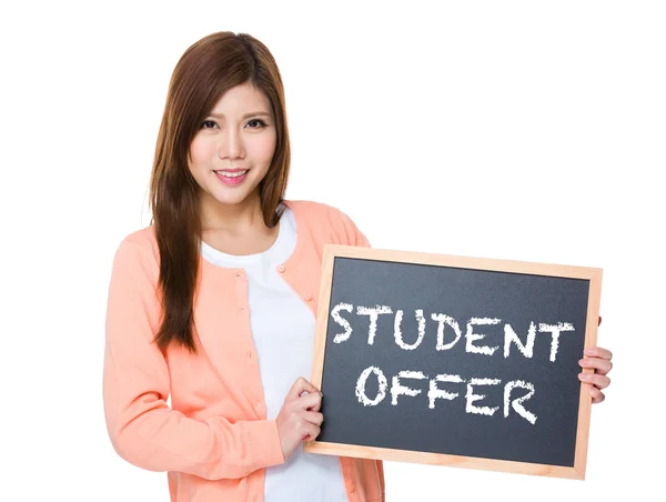 Asian woman in pink cardigan with blackboard — Stock Photo, Image