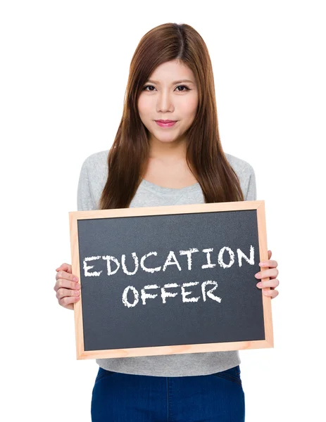 Asian woman in grey sweater with blackboard — Stock Photo, Image