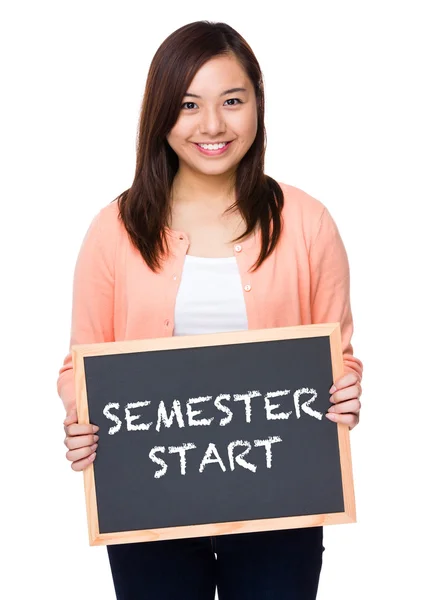 Asian young woman with black board — Stock Photo, Image