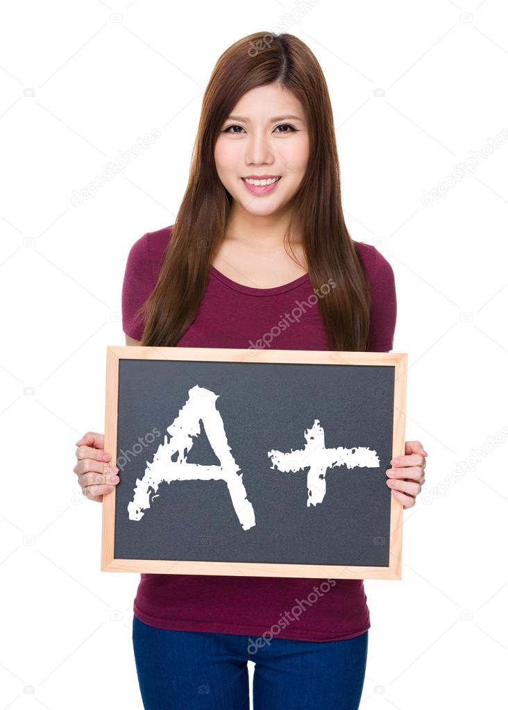 Asian woman in red t-shirt with blackboard