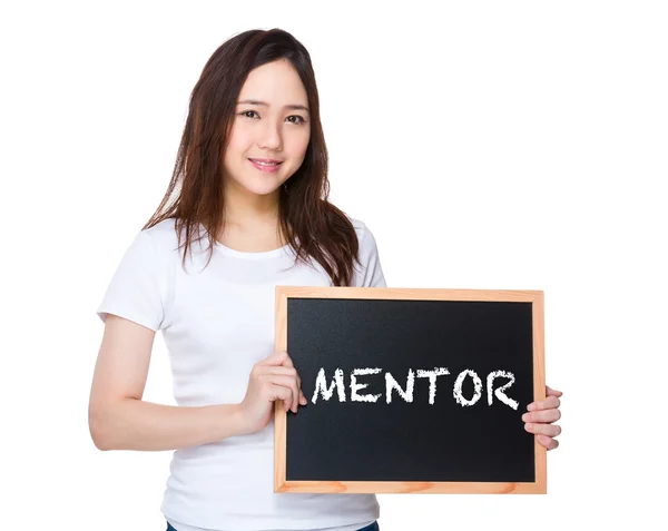 Asian woman in white t-shirt with blackboard — Stock Photo, Image