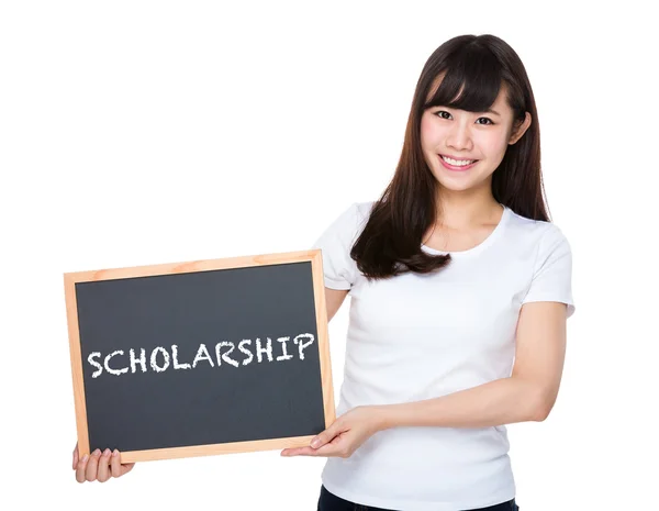 Asian woman in white t-shirt with blackboard — Stock Photo, Image