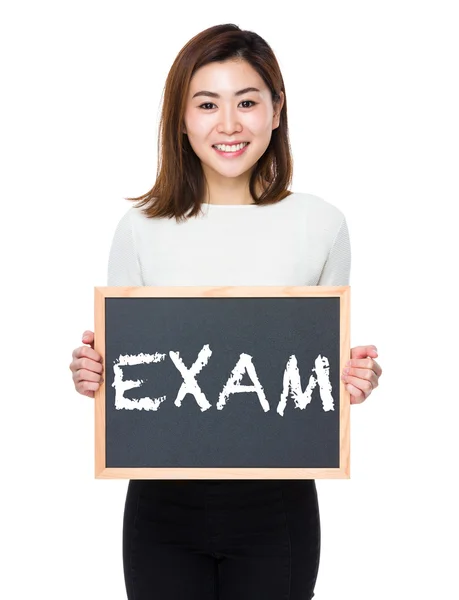 Asian woman in white sweater with the blackboard — Stock Photo, Image