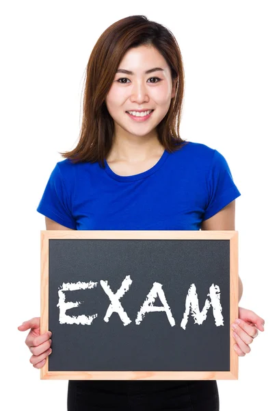 Asian woman in blue t-shirt with blackboard — Stock Photo, Image