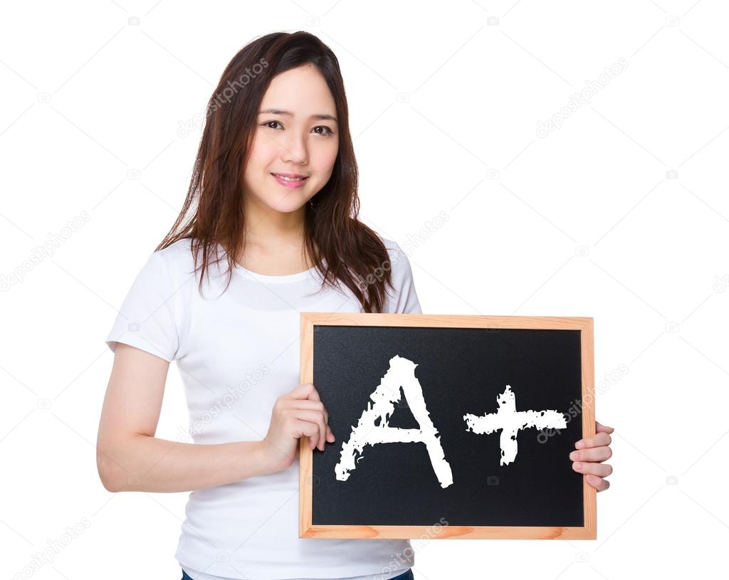 Asian woman in white t-shirt with blackboard