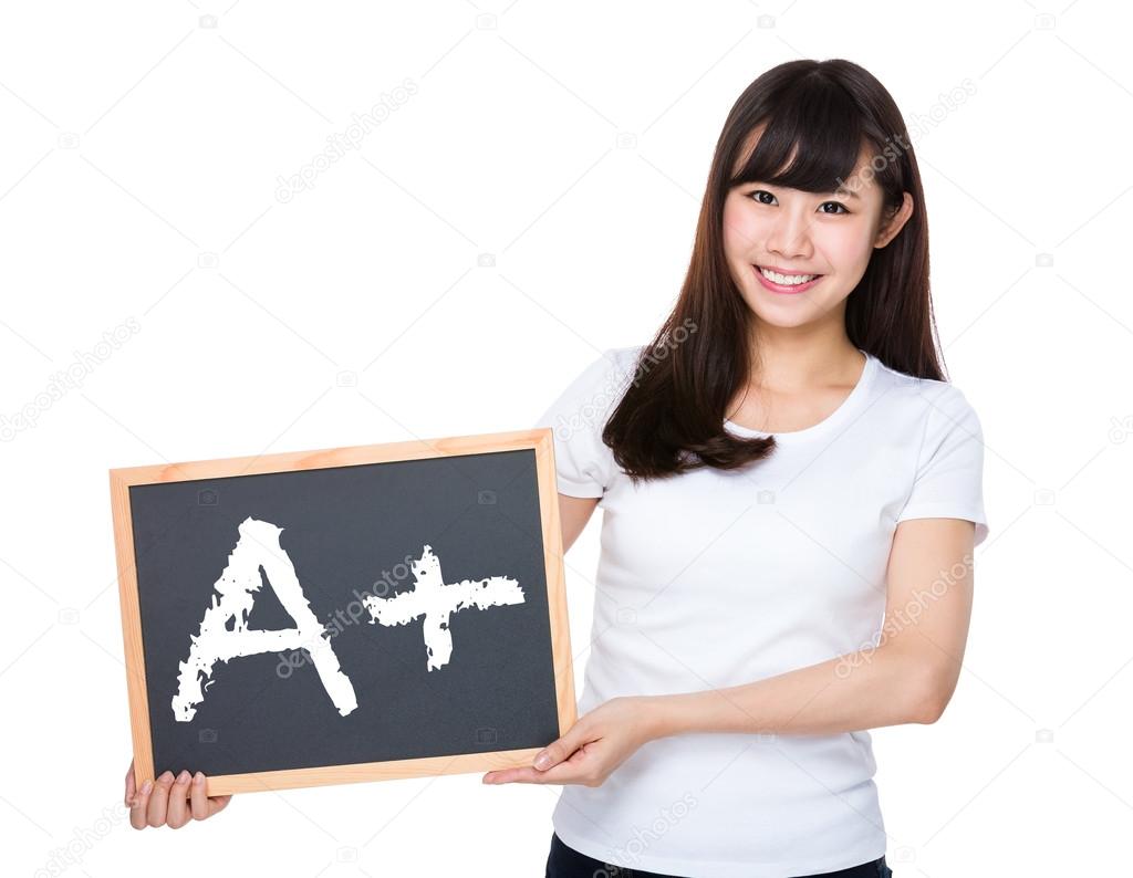 Asian woman in white t-shirt with blackboard