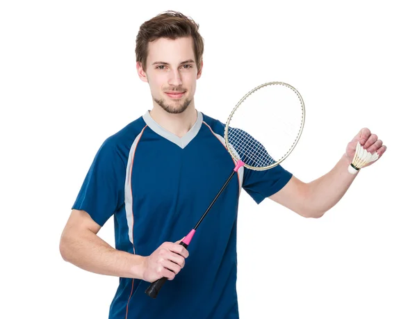 Badminton spelare i blå t-shirt med racket — Stockfoto