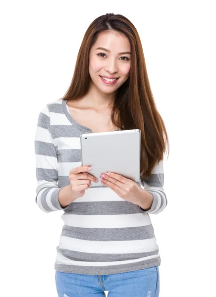 Asian young woman in striped sweatshirt — Stock Photo, Image