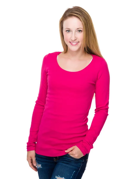 Young caucasian woman in pink sweater — Stock Photo, Image