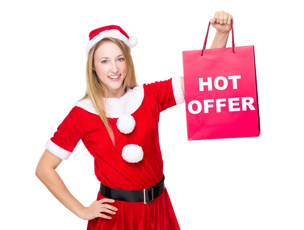 Mujer en traje de Navidad con bolsa de compras —  Fotos de Stock