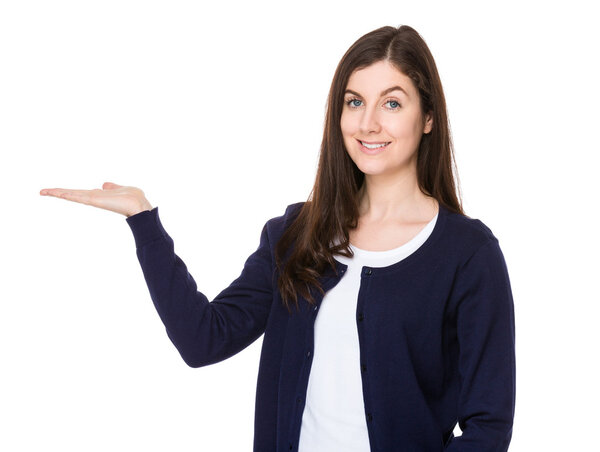 Caucasian brunette woman in blue cardigan