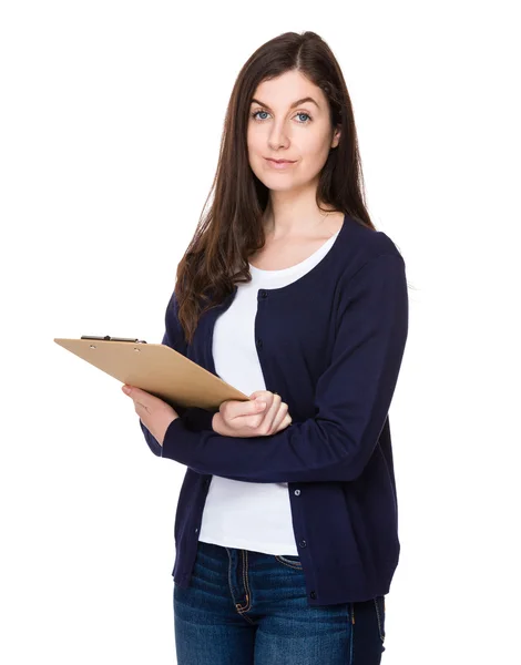 Caucasian brunette woman in blue cardigan — Stock Photo, Image