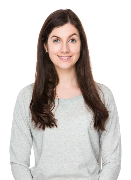 Young caucasian woman in grey sweater — Stock Photo, Image