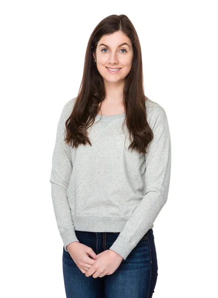 Young caucasian woman in grey sweater — Stock Photo, Image