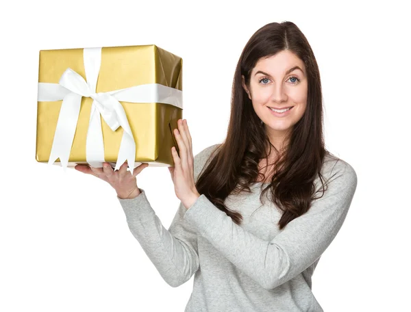 Young caucasian woman in grey sweater — Stock Photo, Image