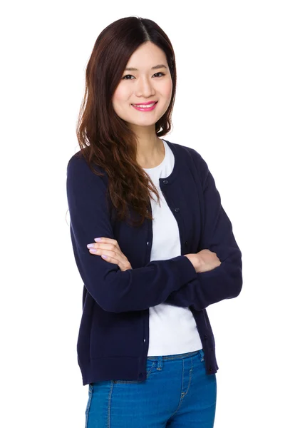 Asijská dívka v modrý svetr — Stock fotografie