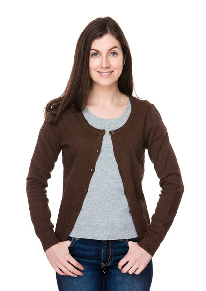 Kaukaski kobieta brunetka brązowy sweter — Zdjęcie stockowe