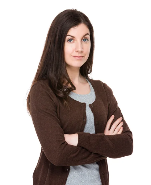 Kaukaski kobieta brunetka brązowy sweter — Zdjęcie stockowe