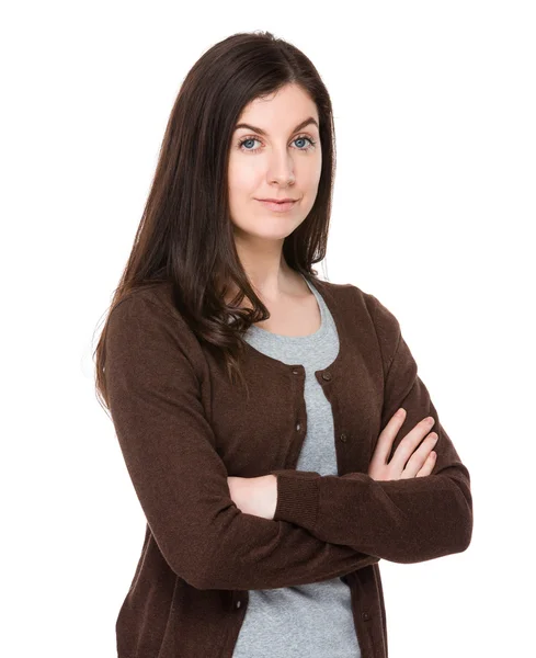 Caucasian brunette woman in brown cardigan — Stock Photo, Image