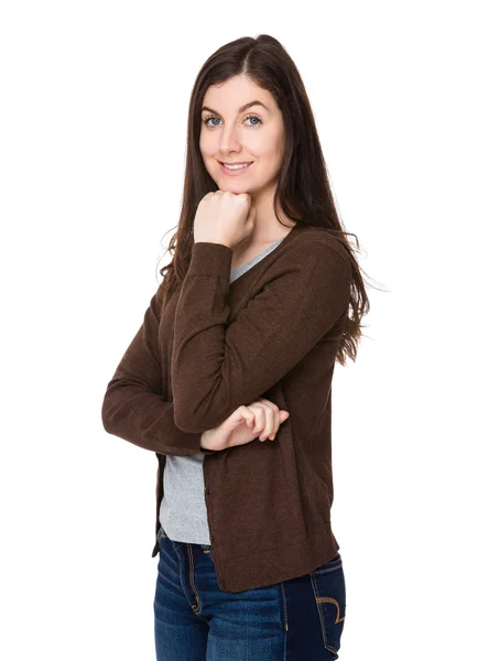 Caucasian brunette woman in brown cardigan — Stock Photo, Image