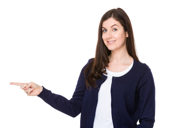 caucasian brunette woman in blue cardigan