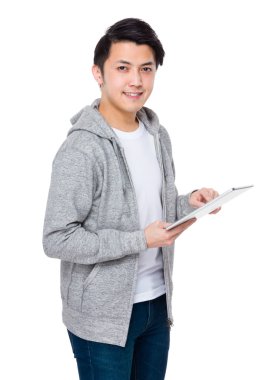 Asya genç adam gri hoodie