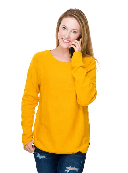 Caucasian young woman in yellow sweater — Stock Photo, Image