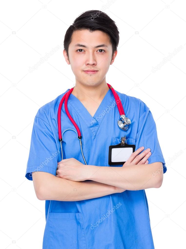 Asian male doctor in blue uniform