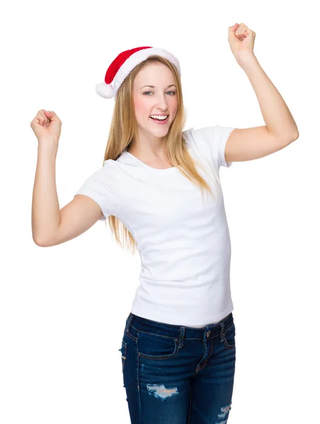 Woman with christmas hat and hands raised up — Stock Photo, Image