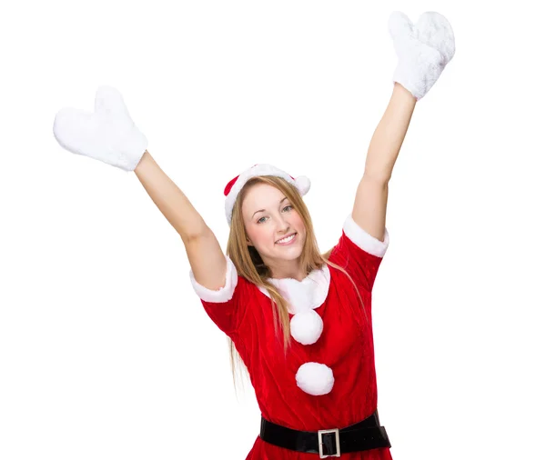 Mulher de Natal animado com as mãos levantadas — Fotografia de Stock